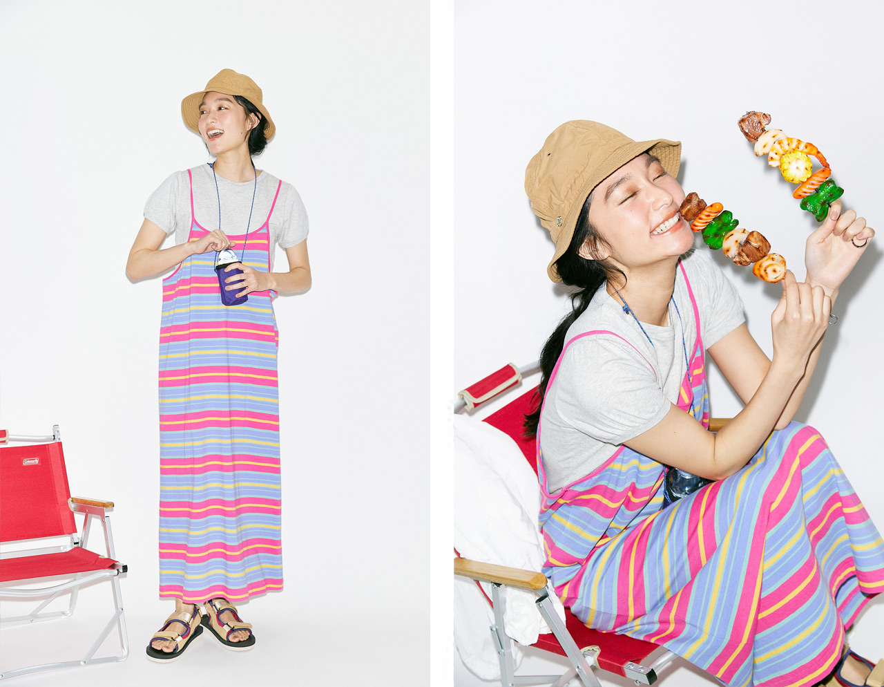 大自然の中で楽しめるBBQでは、明るくポップな配色のワンピースで気分を盛り上げよう！
マウンテンパーカとハットで、日焼け対策も念入りに。
手ぶらで快適に過ごせる＜BEAMS BOY＞のボトルホルダーは、BBQではマストアイテム。